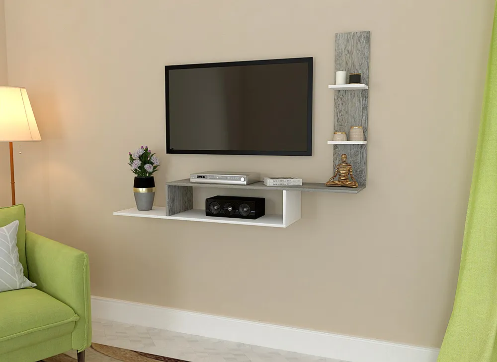 Asymmetrical Designer Grey Dyed Oak Wooden Tv Unit