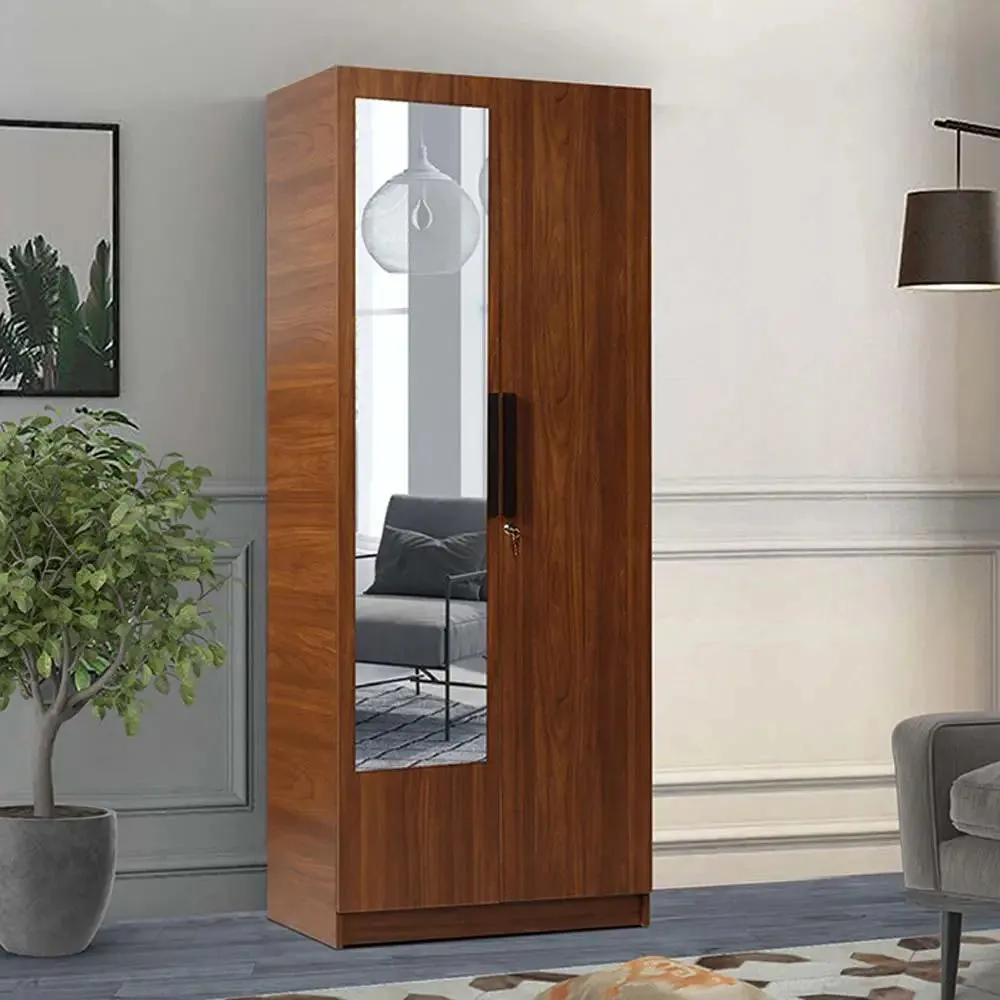 Bali Teak Engineered Wood 2 Door Wardrobe With Drawers & Mirror