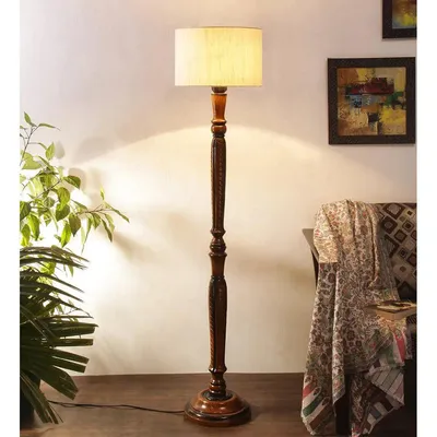 Baluster Designer Wooden Carving Floor Lamp With Drum Shade