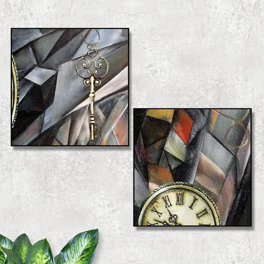 Beautiful Clock &amp; key Modern Art Canvas Painting With Black Floating Frame Size: 30 cm (H) X 30 cm (W) Set of 2