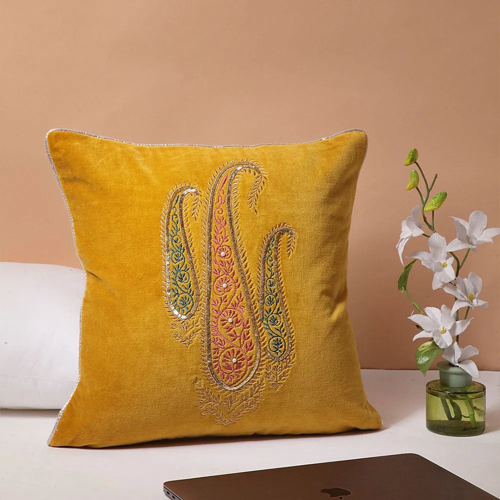Beautiful Mustard Paisley Embroidered 100% Cotton Cushion Cover Set Of 1