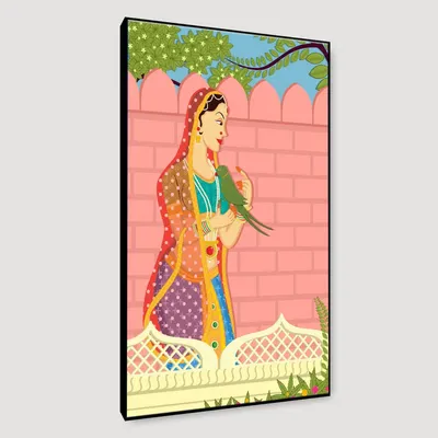 Beautiful Queen With Parrot Madhubani Painting /  Canvas Print  Stretched on Wood Bars 61 x 41cm