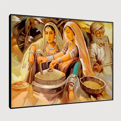 Beautiful Rajasthani Painting -Two Working Village Woman Canvas on Wooden Framed