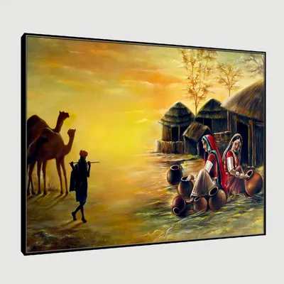 Beautiful Rajasthani Village Painting Canvas Printed Painting Wall on Wooden Bars