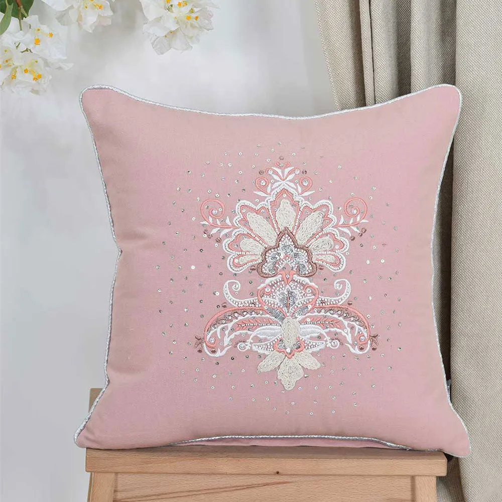 Beautiful Rose Damask Light Embroidered 100% Cotton Cushion Cover Set Of 1