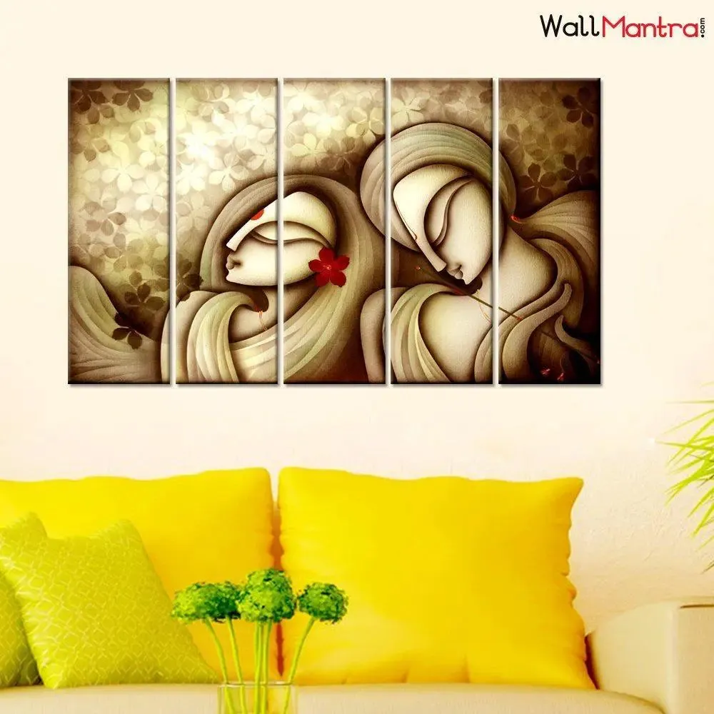Beautiful Sepia Tone Radha Krishna Wall Painting Stretched over Wood Panels