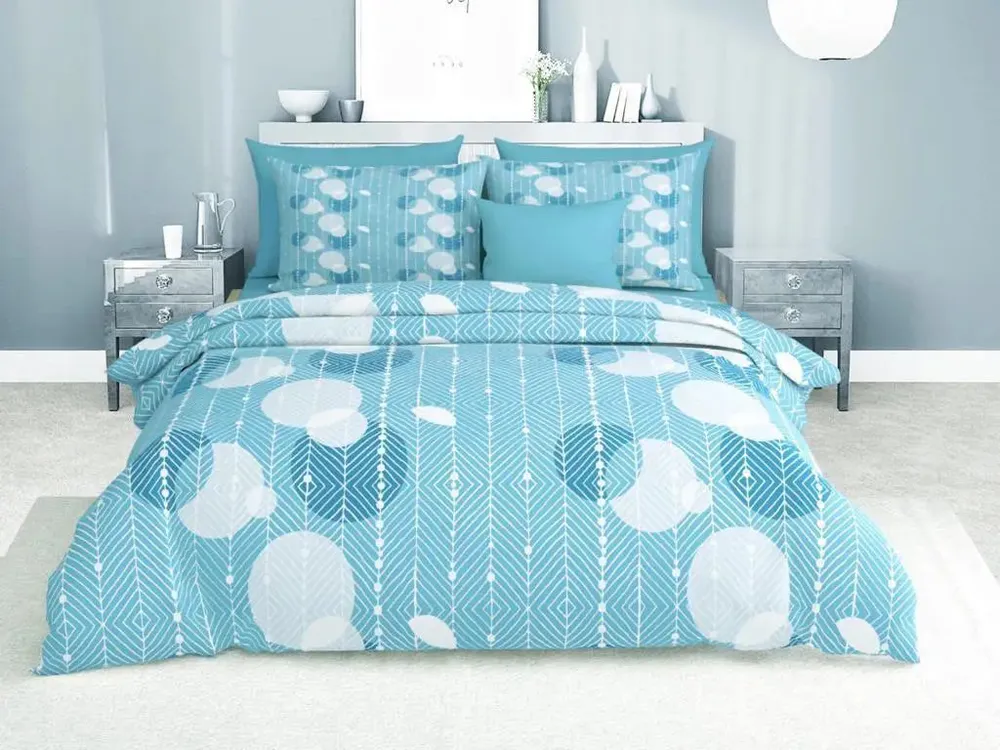 Beautiful Sky Blue Shade Geometric Pattern Design Printed Over Dots Modern Double Bed Premium Bedsheet With Pillow Covers