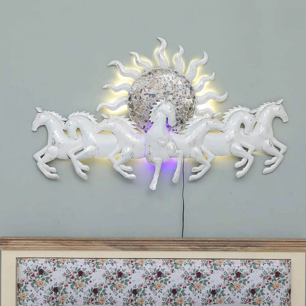 Big Seven Dreamy White Horses Backlit Metal Wall Art