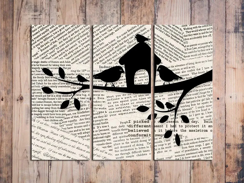 Bird Family With Tree House Wall Hanging in 3 Pieces Canvas Print