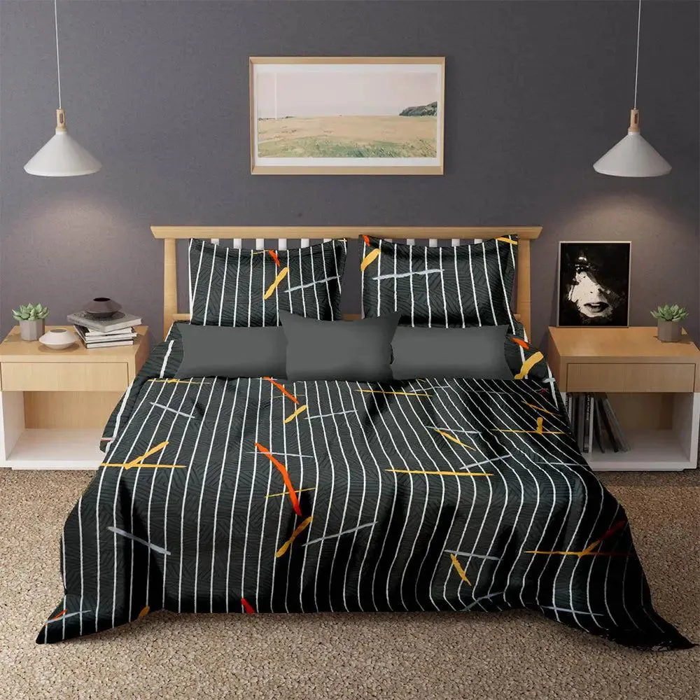Black Abstract Colorful Printed Cotton Double Bedsheet With 2 Pillow Covers