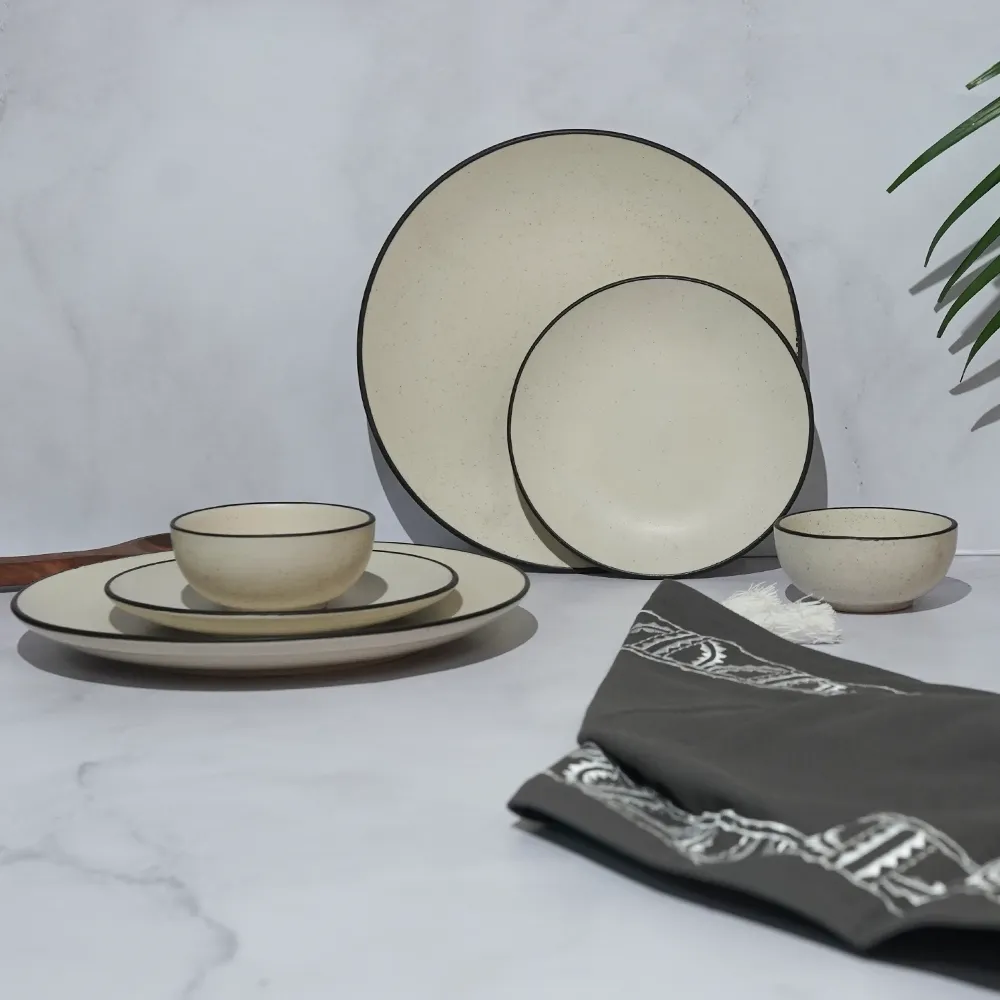 Black Bordered Off White Ceramic Dinnerware Set Of 12