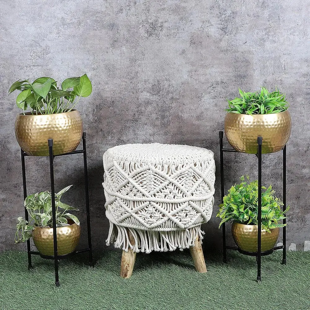 Black & Gold Double Layer Hammered Apple Planter Set of 2