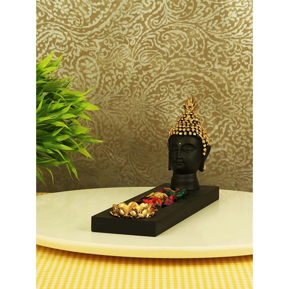 Black & Golden Decorative Buddha Head Showpiece With Wooden Tray & Candle