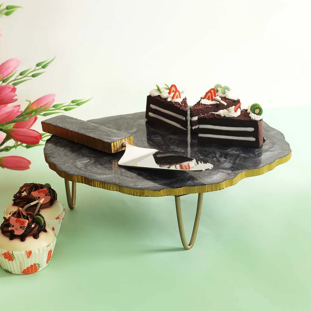Black MarbleTextured Cake Stand with Server