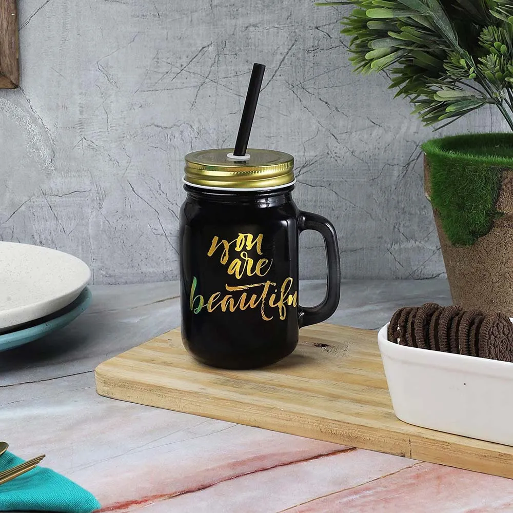 Black Mason Jar With Lid And Reusable Straw