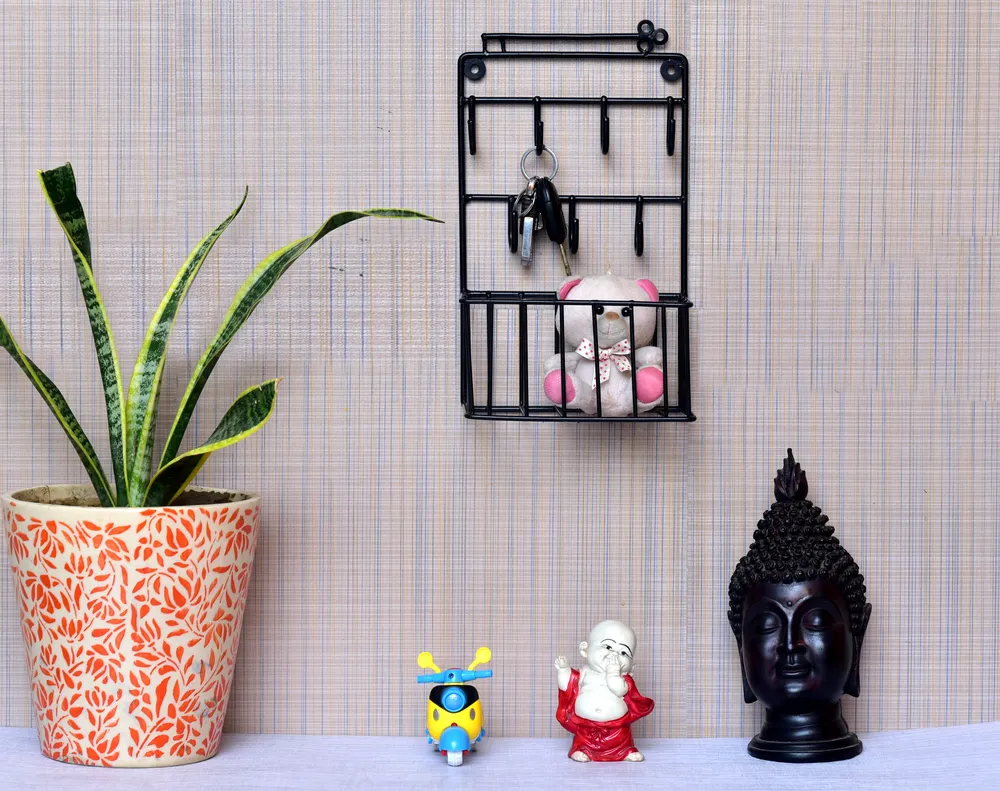 Black Metal Key Holder with Basket Wall Shelves