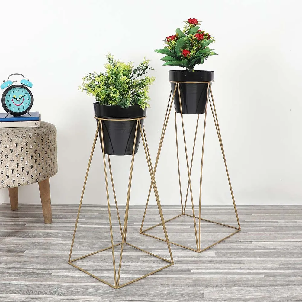 Black Metal Plant Pots With Wide Golden Stands Set Of 2