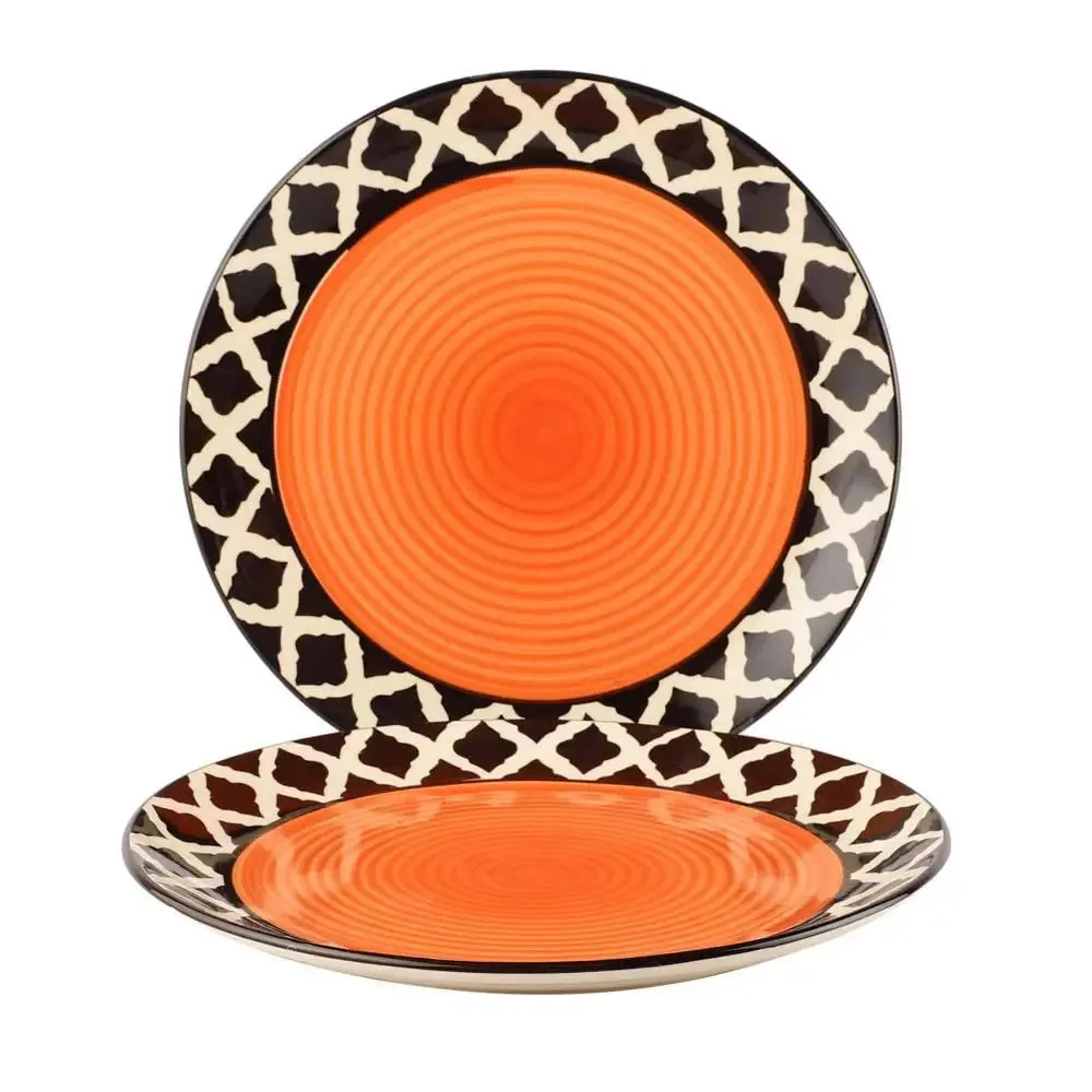 Black Orange Designer Handpainted Ceramic Dinner Plates Set Of