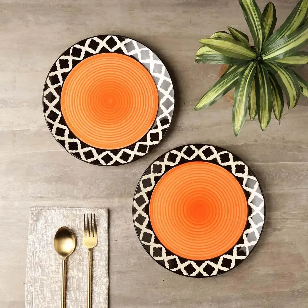 Black & Orange Designer Handpainted Ceramic Dinner Plates Set Of 2