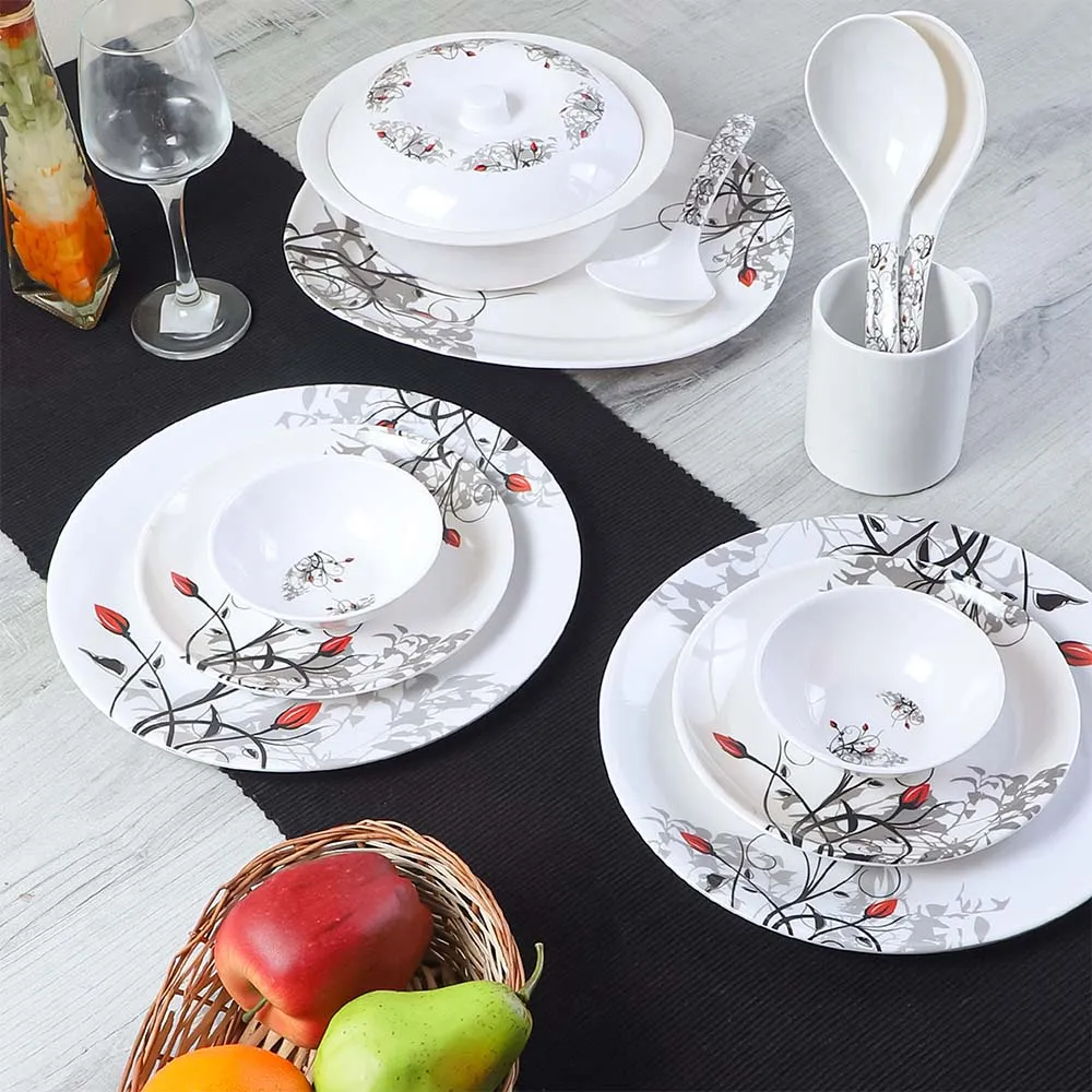 Black & Red Tiny Flower Printed Melamine Dinner Set Of 33