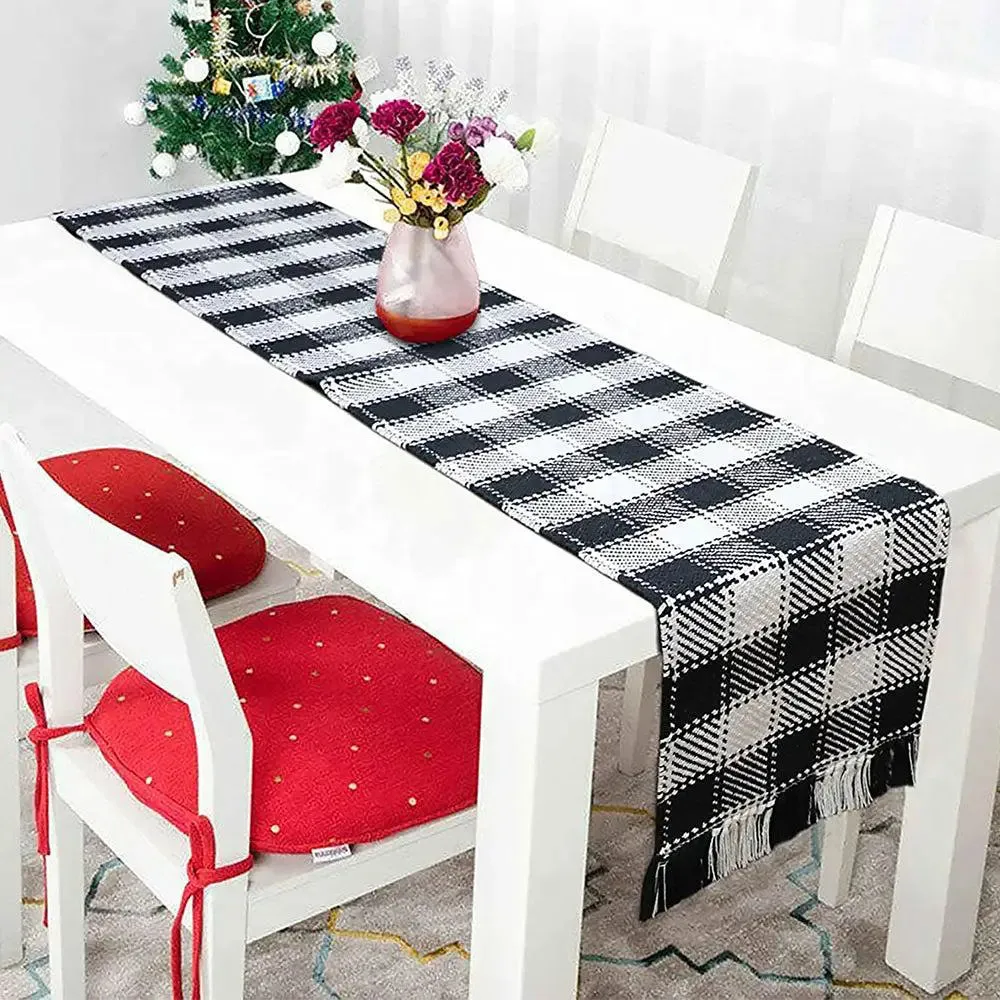 Black & White Checkered Cotton Table Runner