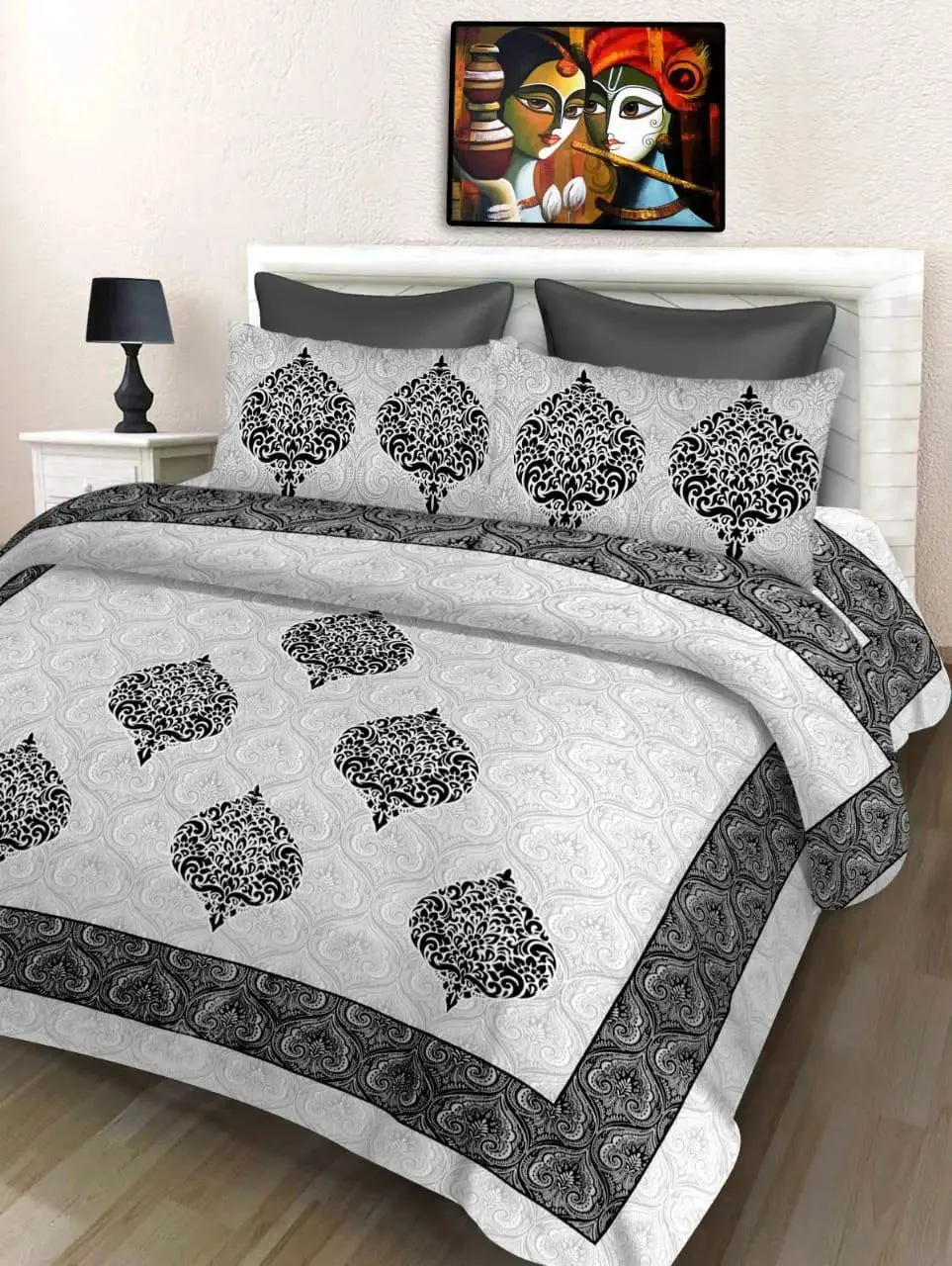 Black & White Leaf Printed 144 TC Cotton Double Bedsheet with Pillow Covers