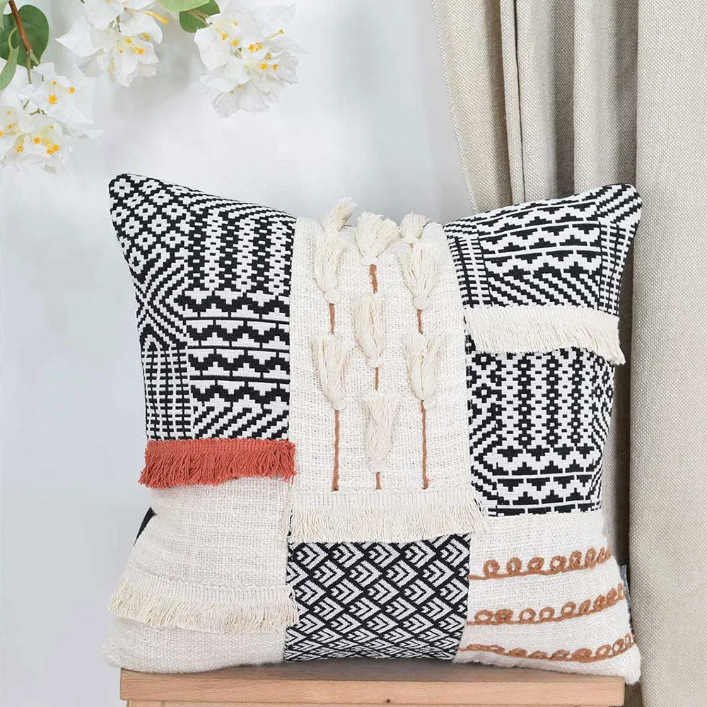 Black & White Tribal Pattern Embroidery With Fringes  100% Cotton Cushion Cover Set Of 1