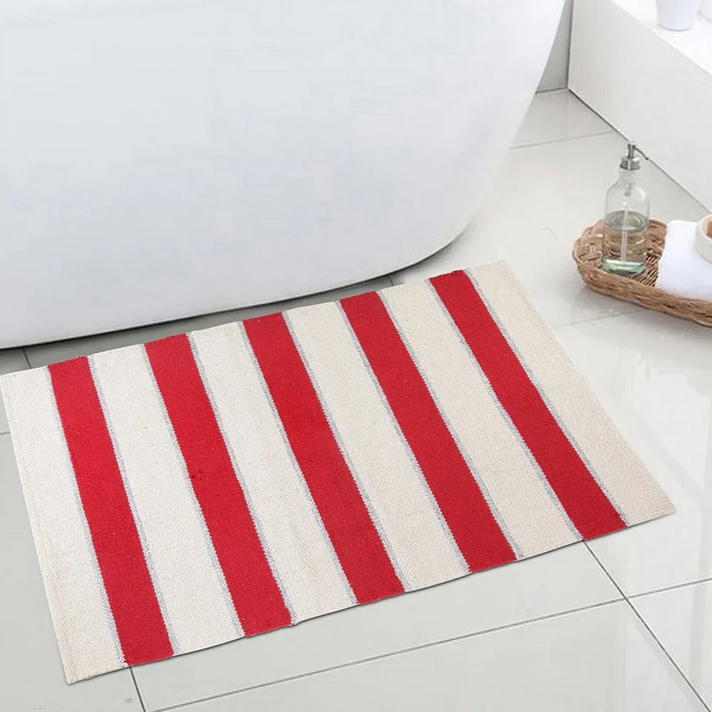 Blanc9 Dazzling Zari Striped Woven Cotton Rug in Red & White