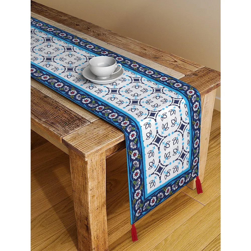 Blanc9 Elegant Designer Floral Blue Table Runner