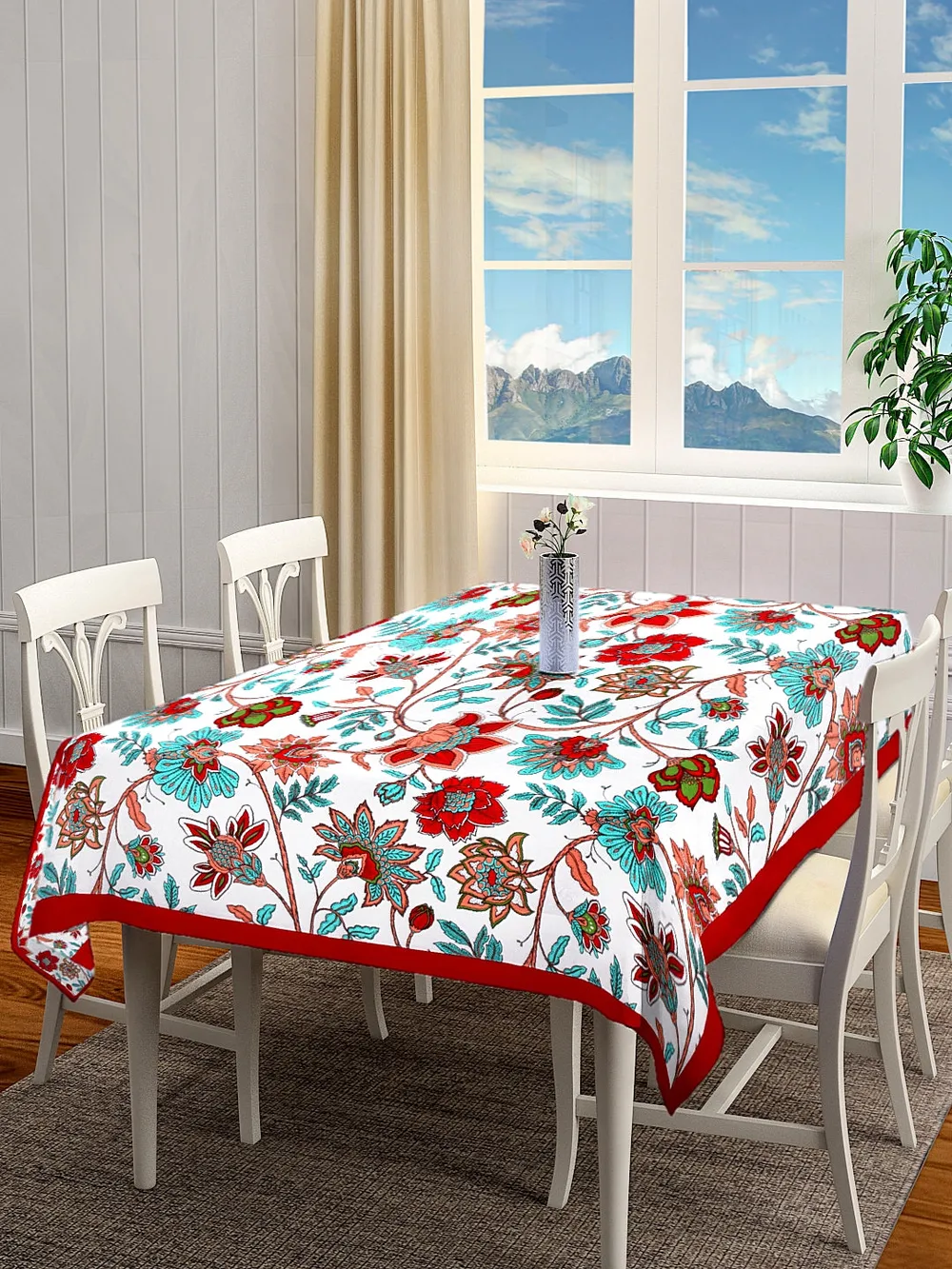 Blanc9 Red Floral Motif Designer Tablecloth