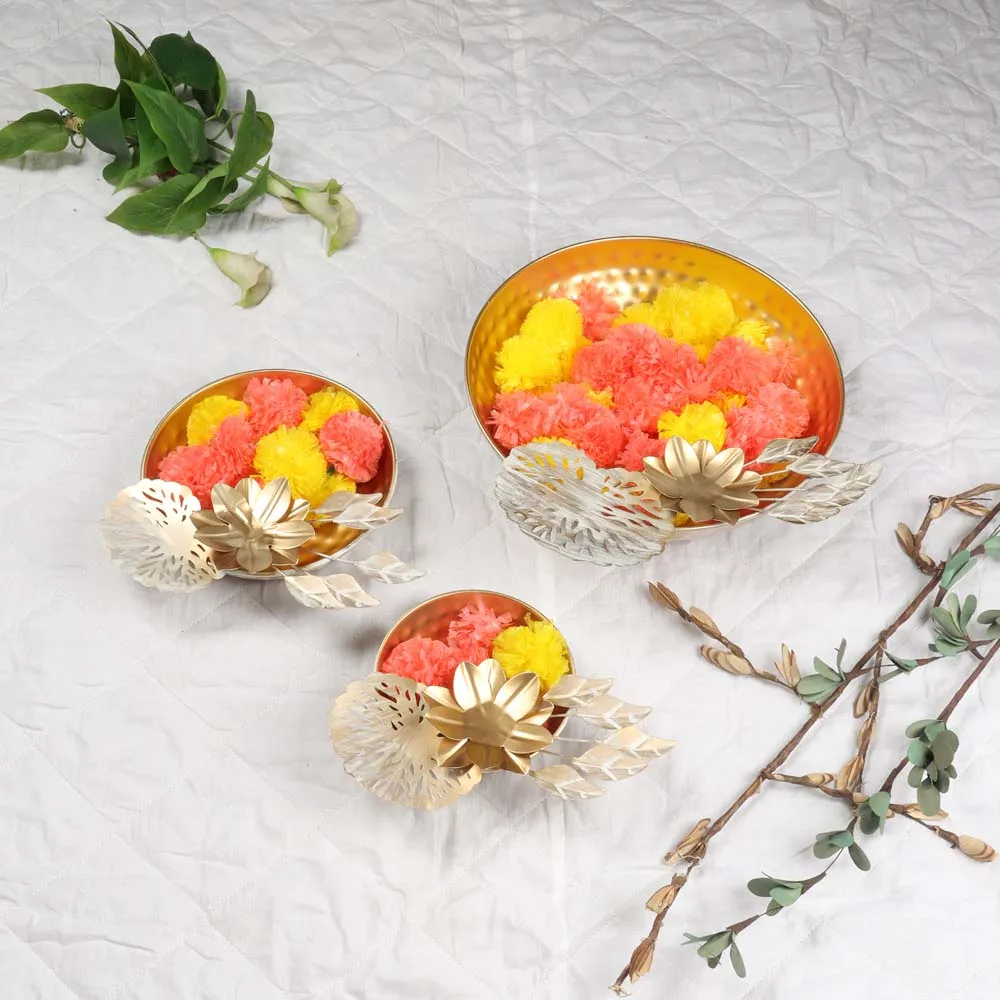 Blossom Elegant Golden Metal Flower Urli Bowl Set of 3