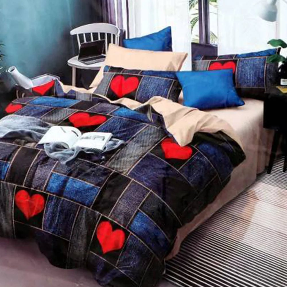 Blue Color Contrast With Heart Printed Double Bedsheet With 2 Pillow Covers (Black)