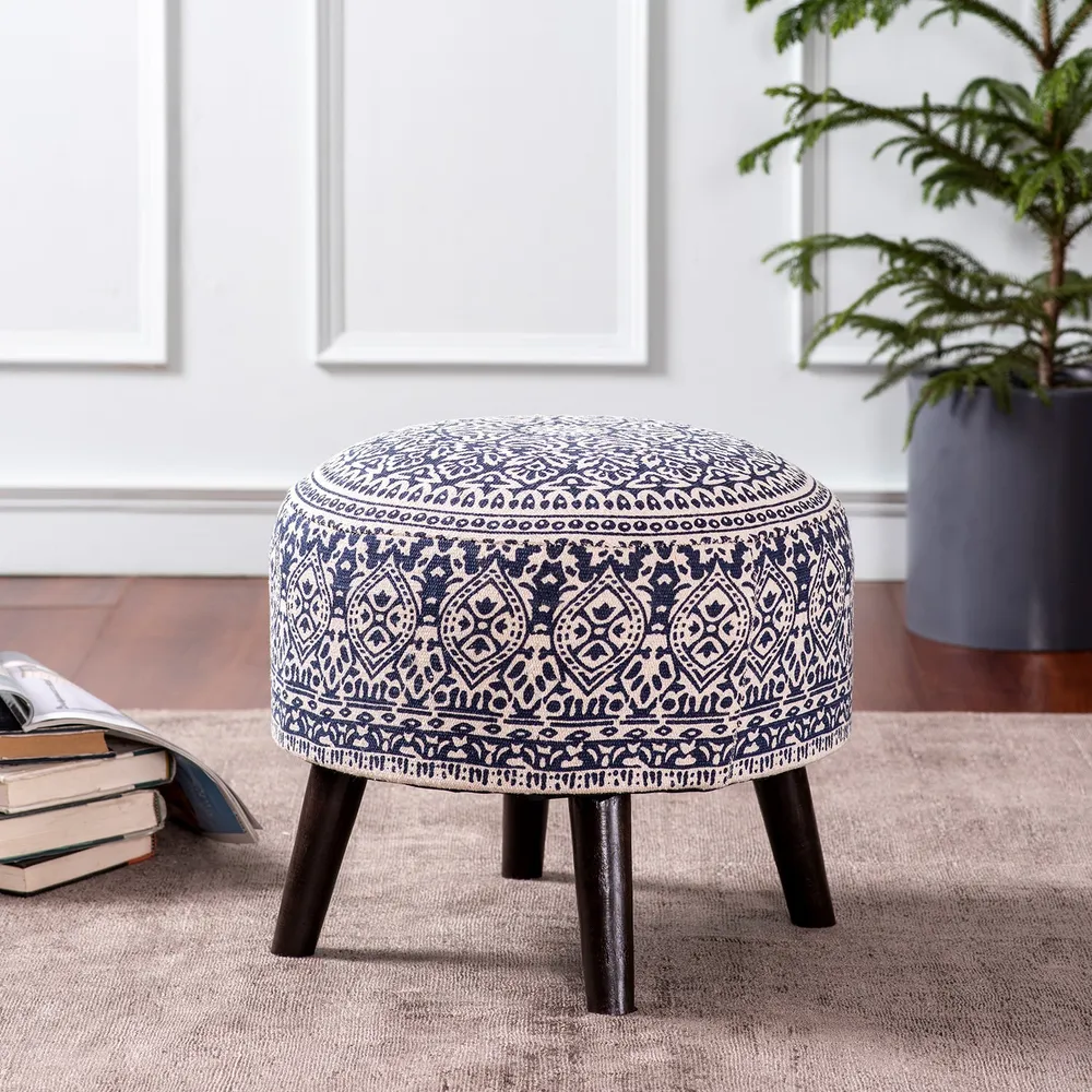 Blue Ethnic Print Round Upholstered Ottoman Wood Stool