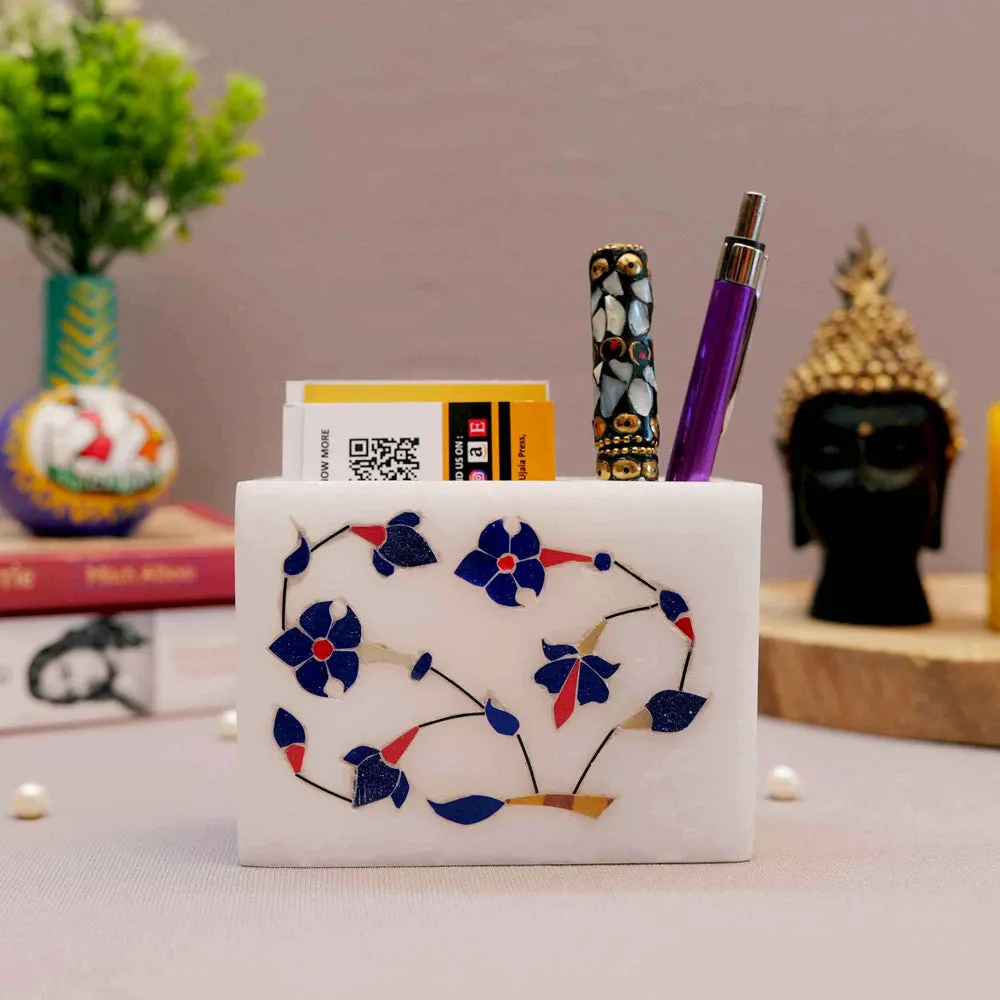Blue Floral Printed White Base Marble Pen Stand