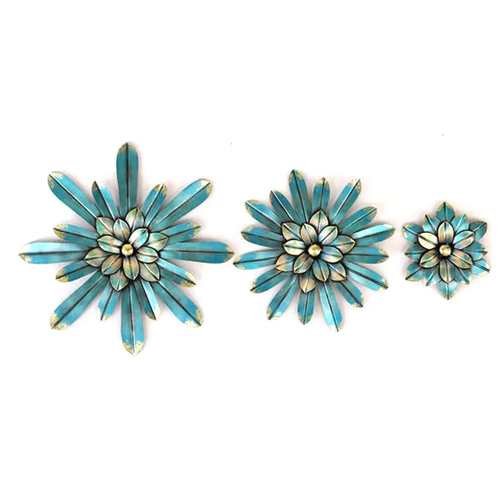 Blue Flowers Metal Wall Art Décor Set of 3