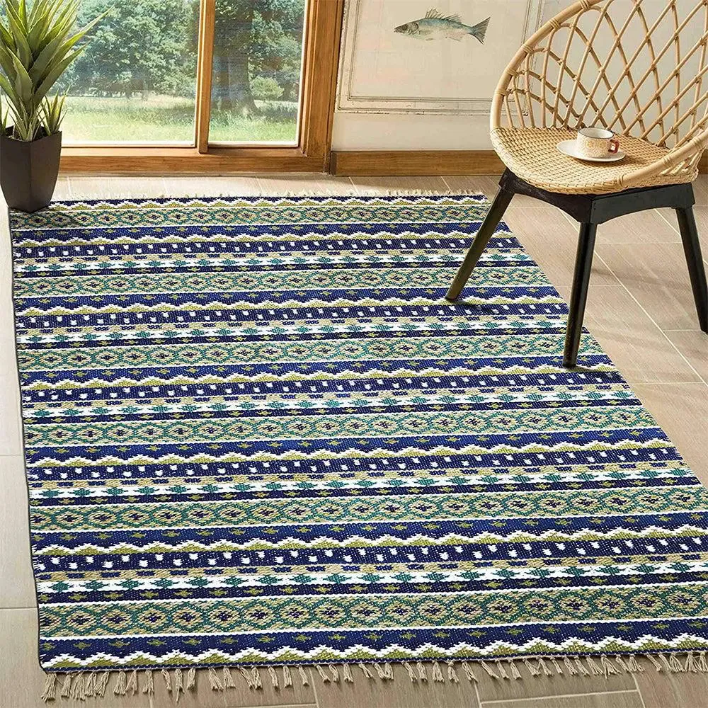 Blue & Green Intricate Aesthetic Cotton Area Rug (120 x 180) cm