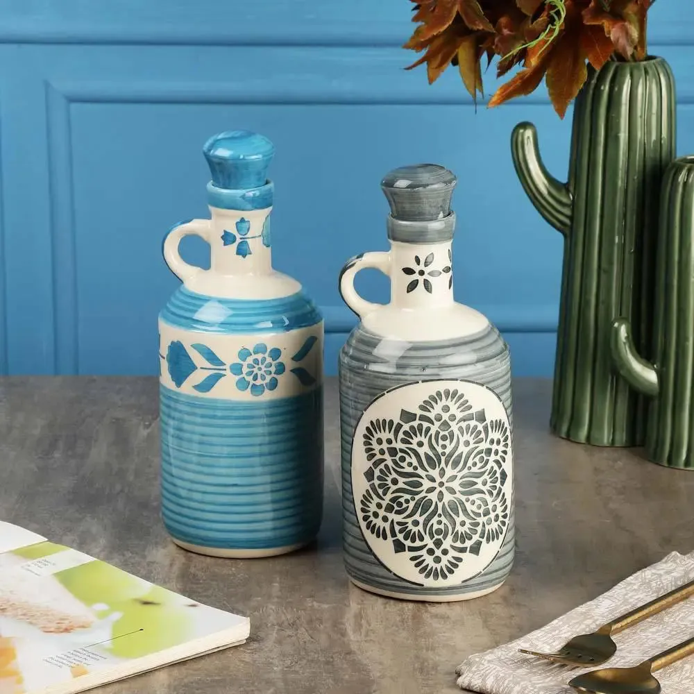 Blue & Grey Floral Handpainted Ceramic Oil Dispenser Set Of 2