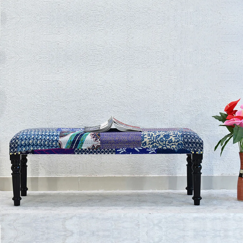 Blue Kantha Gudri Patchwork Upholstery Multipurpose Bench