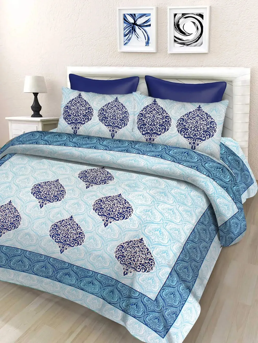Blue Leaf Printed 144 TC Cotton Double Bedsheet with Pillow Covers