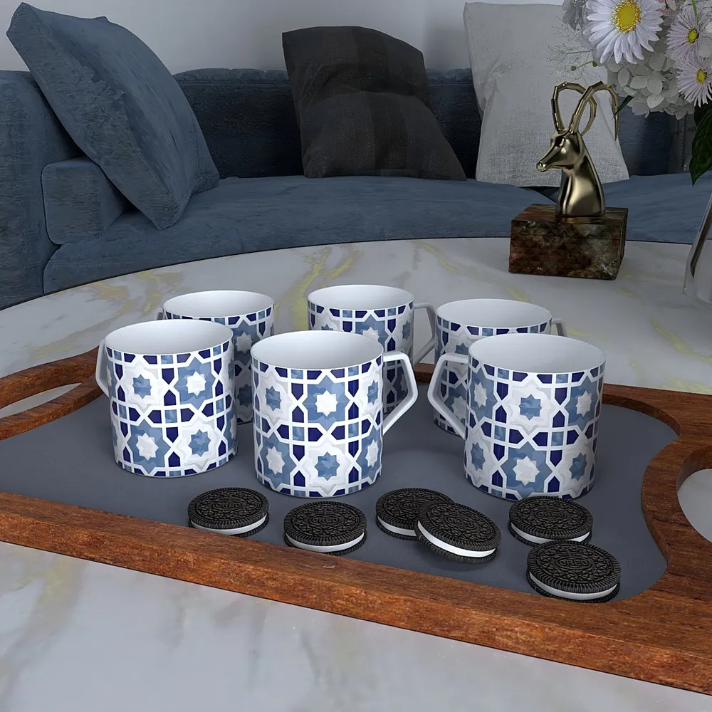 Blue Moroccan Tile Print Designer Tea Cups (Set of 6)