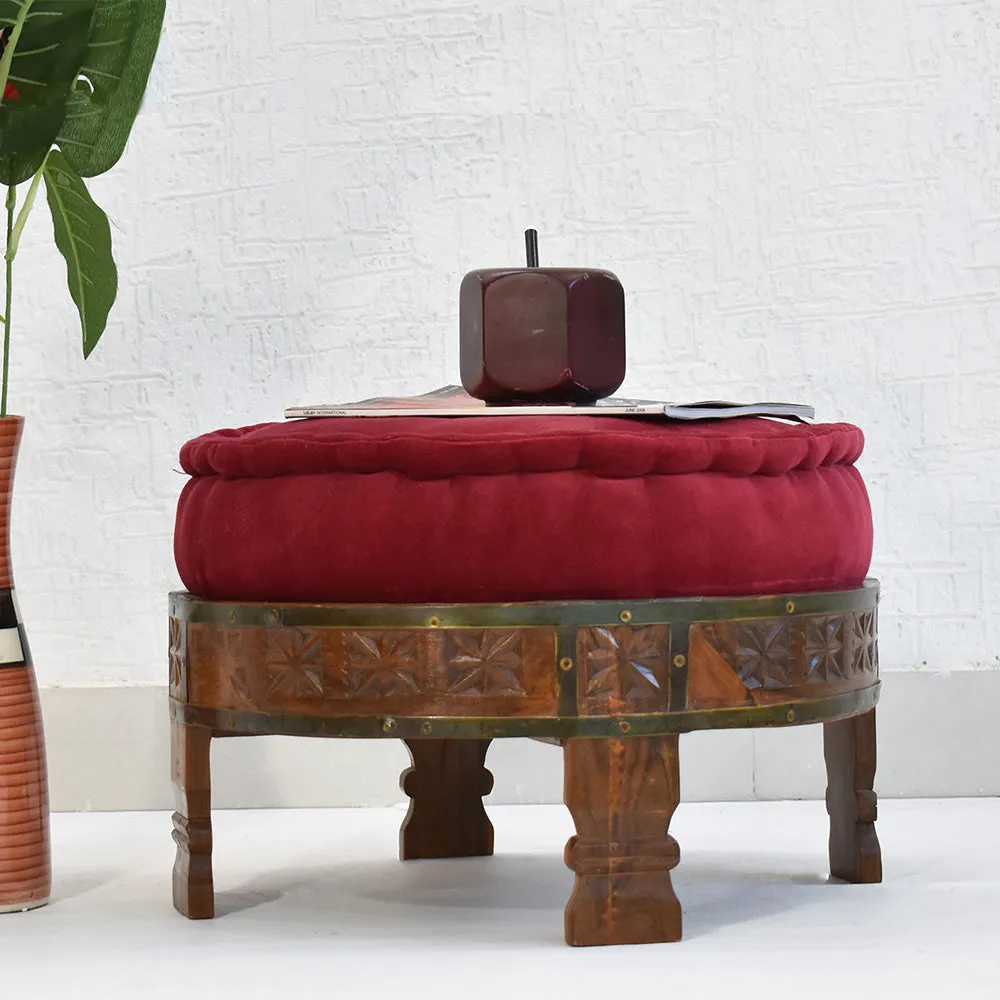 Blue Patterned Upholstered Natural Brown Carved Wooden Ottoman