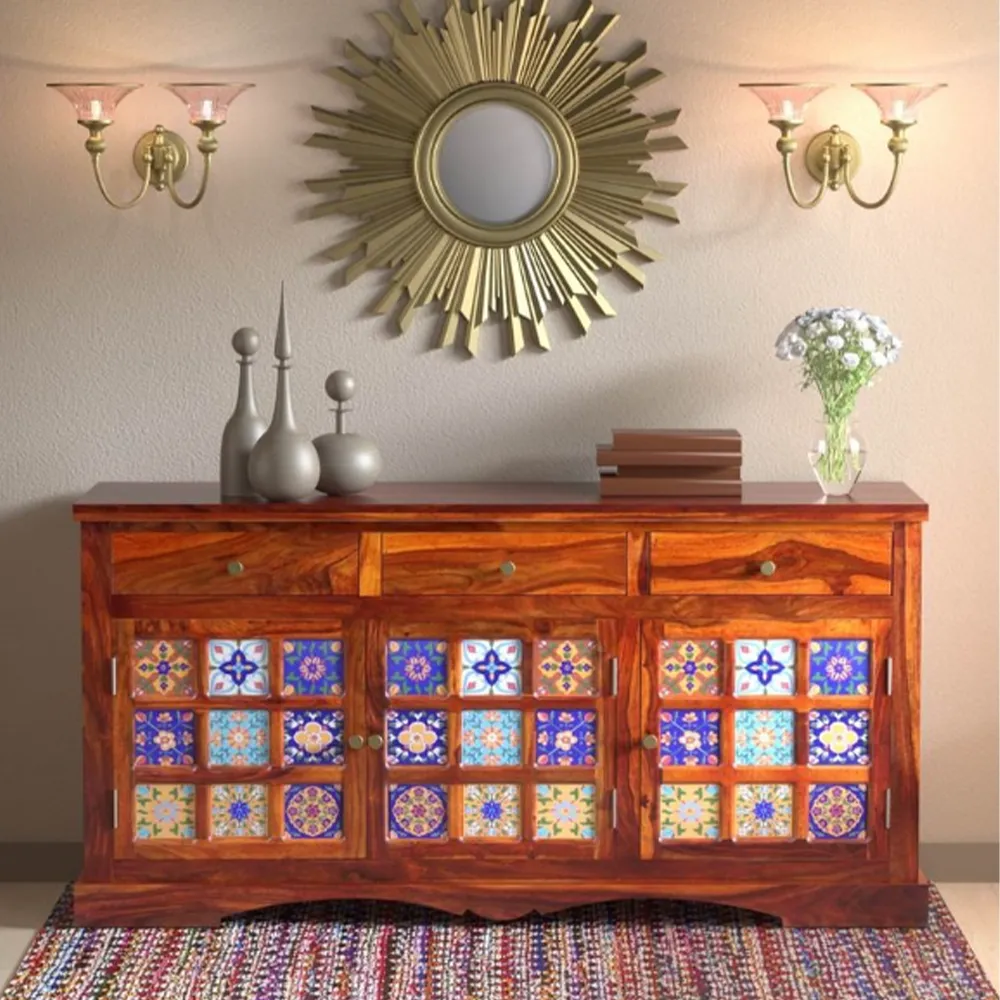 Blue & Turquoise Traditional Patterend Sheesham Wood Cabinet
