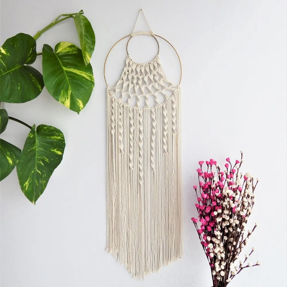 Bohemian Beige Macrame Dreamcatcher With Golden Ring