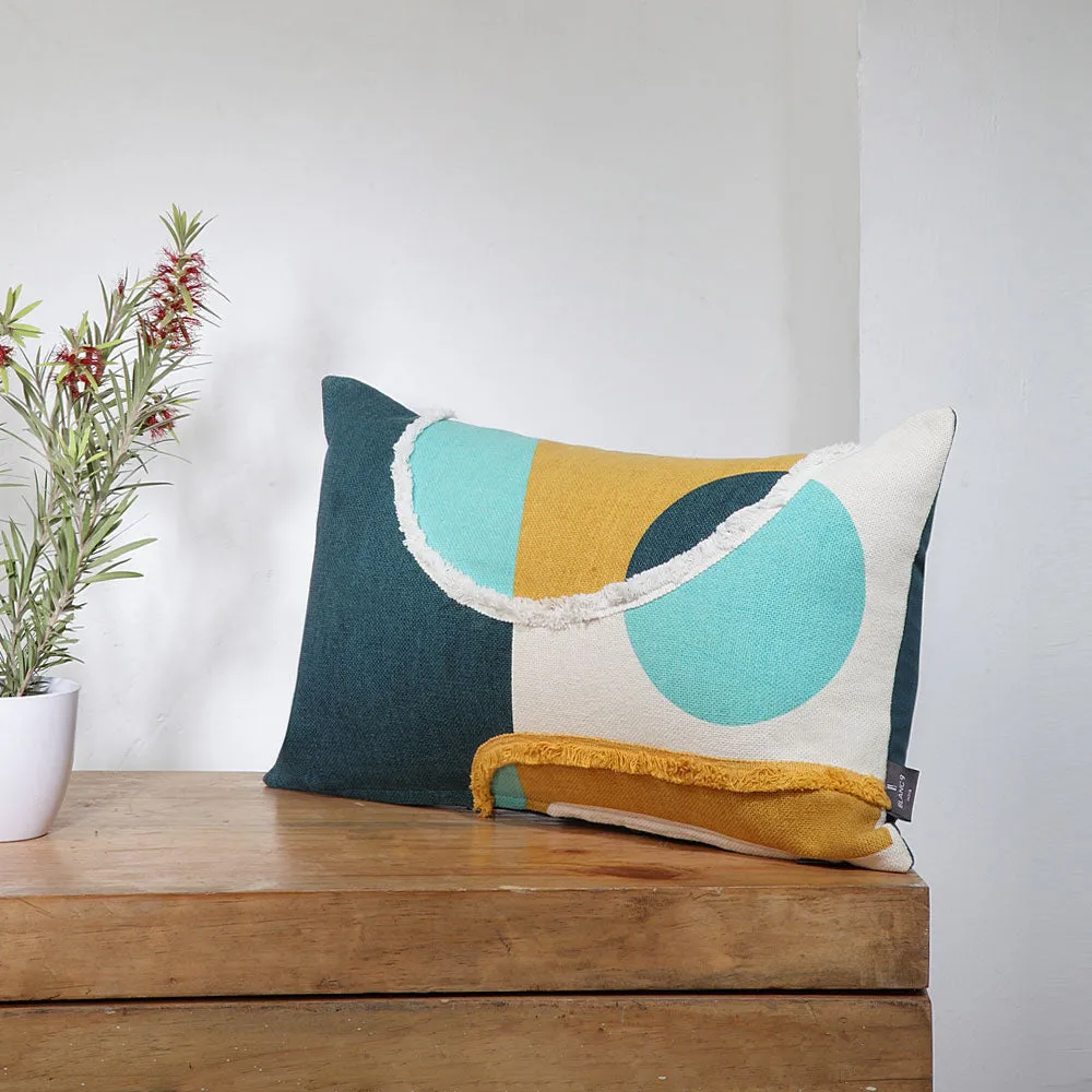 Boho ColourBlock Mustard and Peacock Blue 100% Cotton Rectangular Cushion Cover Set Of 1