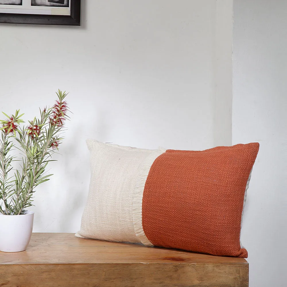 Boho ColourBlock Rusty Orange and Light Beige Fringed 100% Cotton Cushion Cover Pack of 1