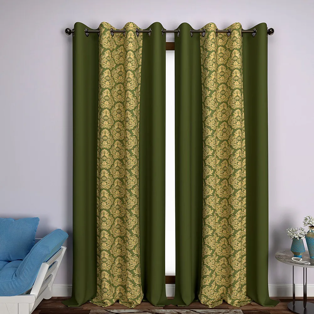 Bottle Green Damask Designer Layered Window Curtain