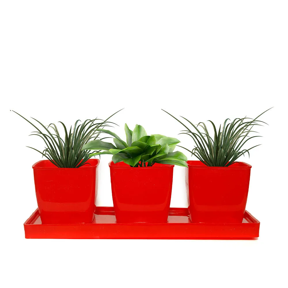 Bright Red Small Planter Pot With Tray Set Of 3