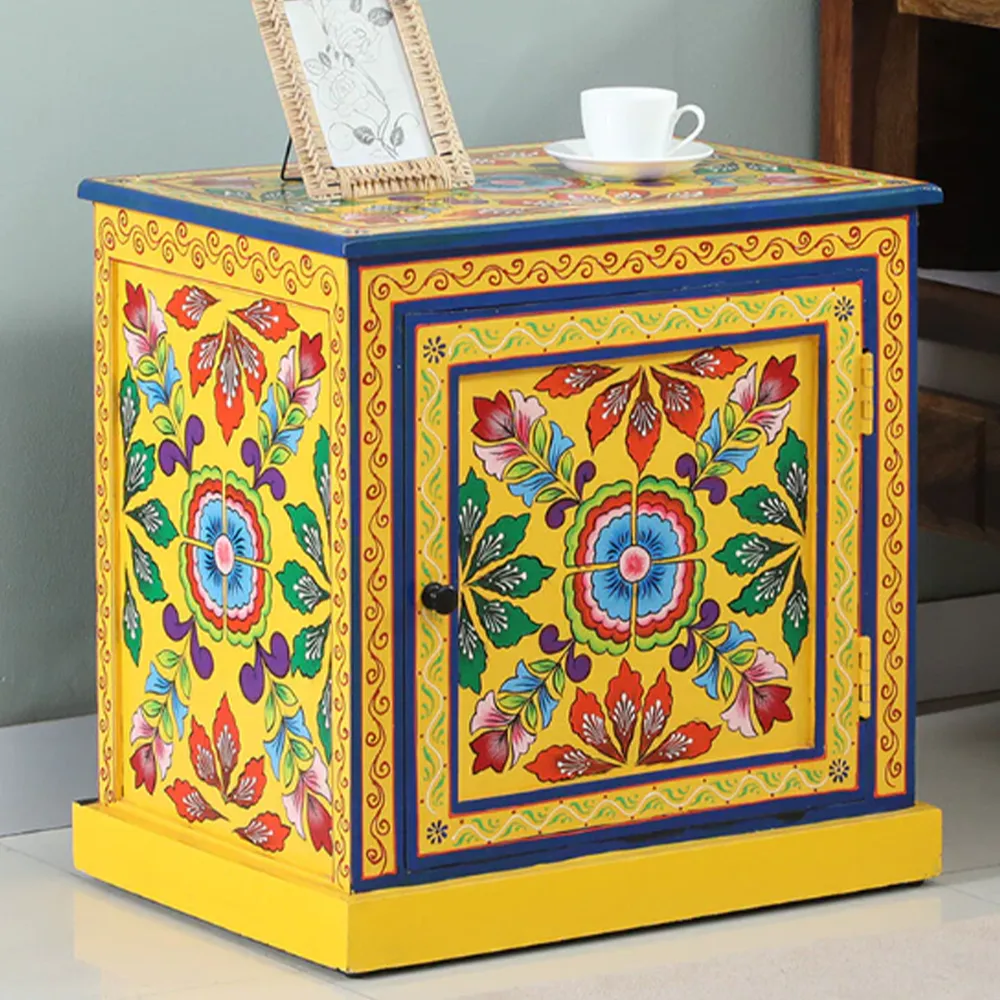 Bright Yellow Base Multicolor Traditionally Crafted Mango Wood Cabinet