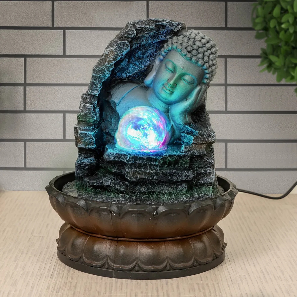 Bronze Brooding Buddha Polyresin Indoor Water Fountain With Light