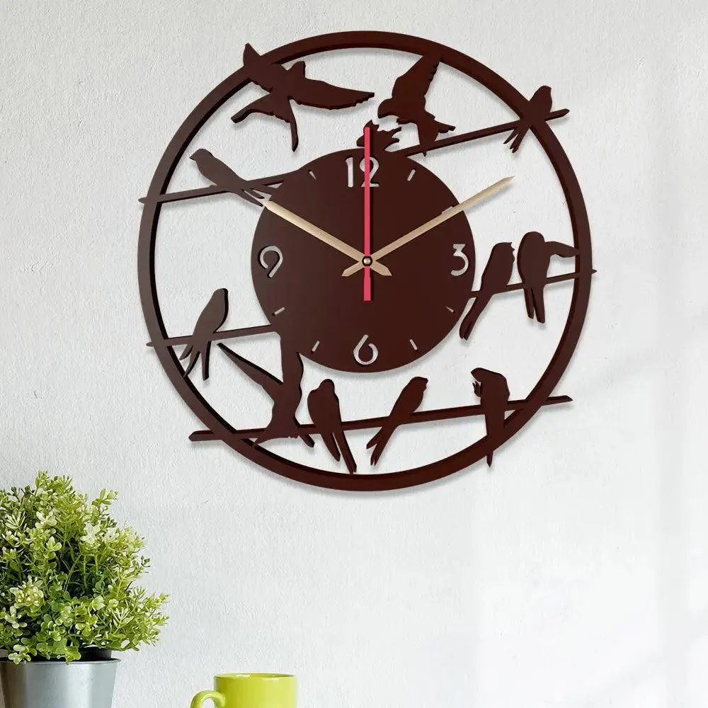 Brown Birds on Wire Wooden Wall Clock